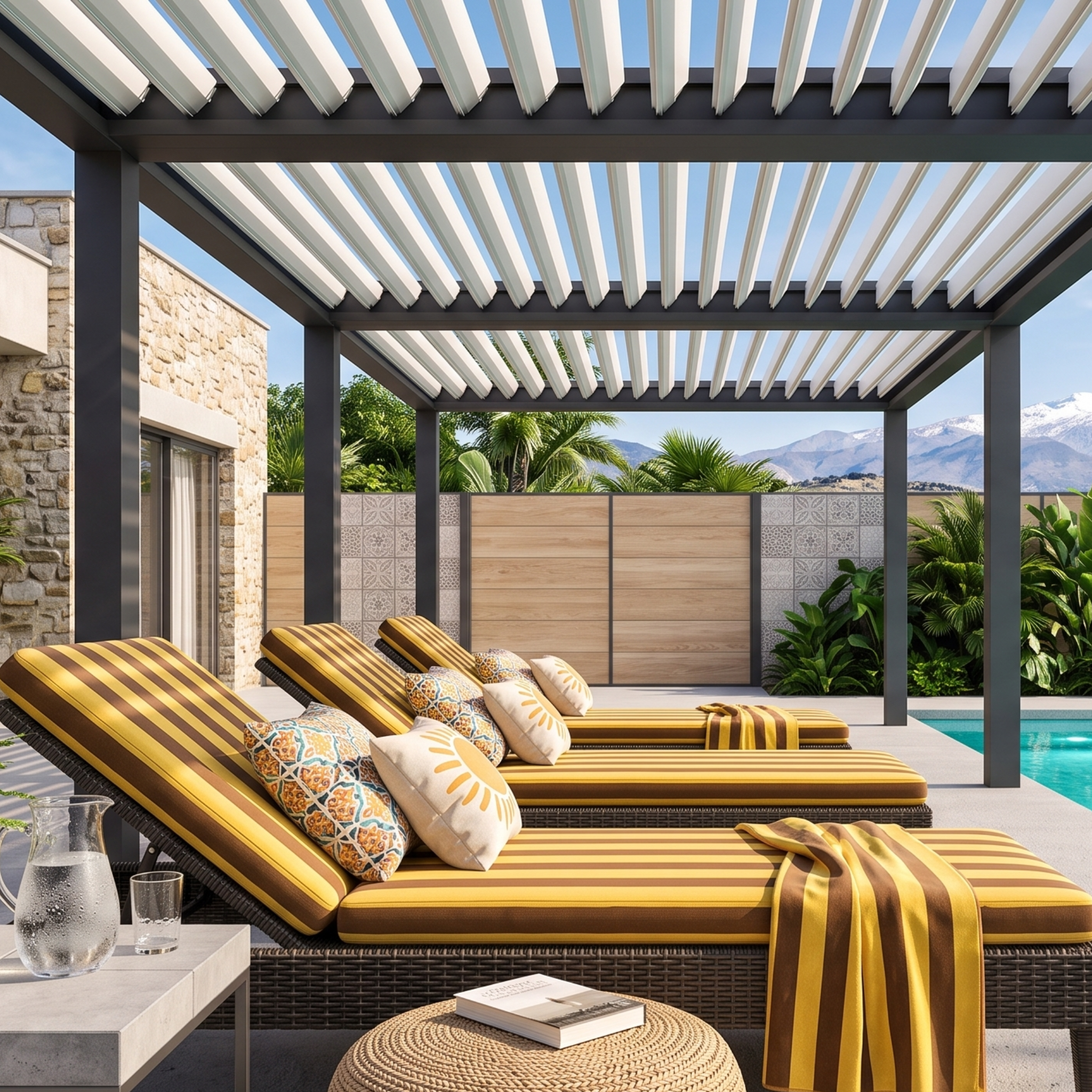 Pérgola bioclimática con lamas orientables en una terraza moderna