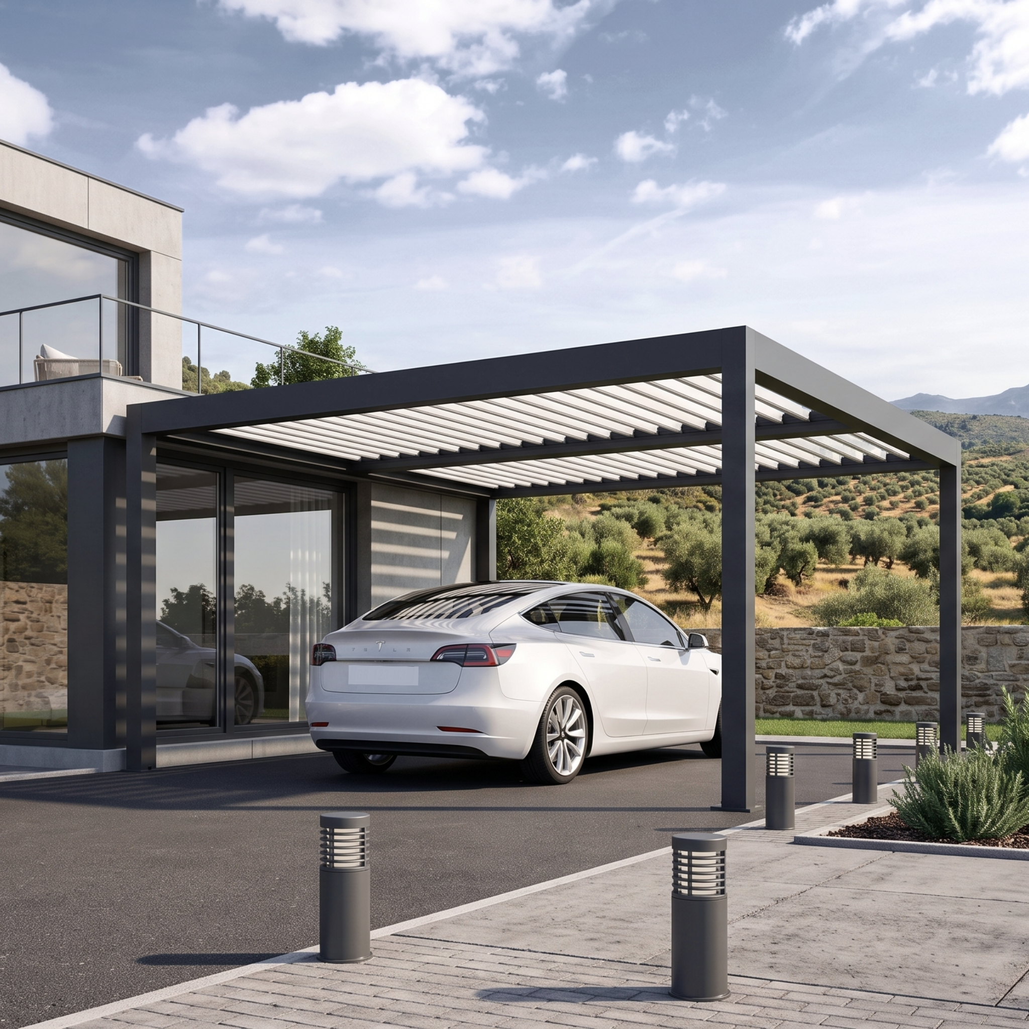 Pérgola con sistema de lona retráctil motorizada en un jardín