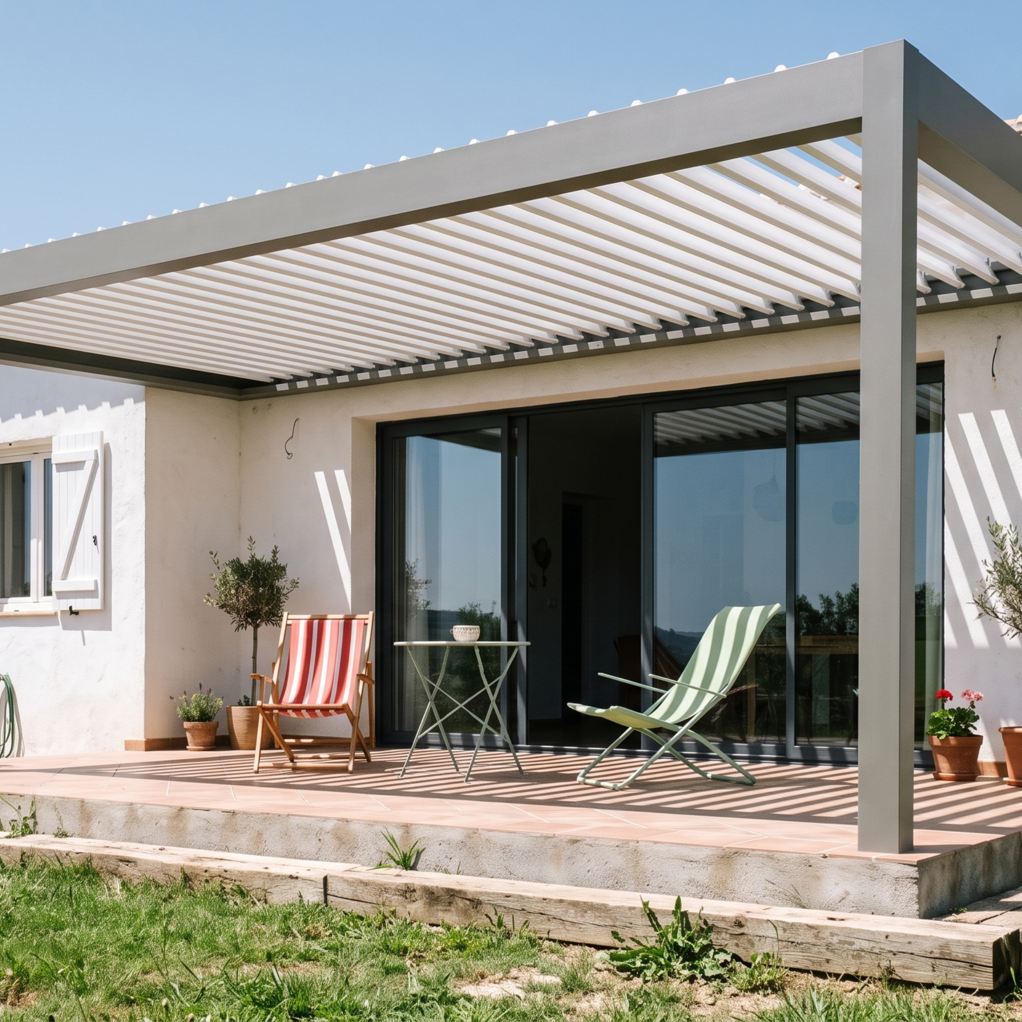 Toldo veranda instalado sobre una estructura de cristal en un ático