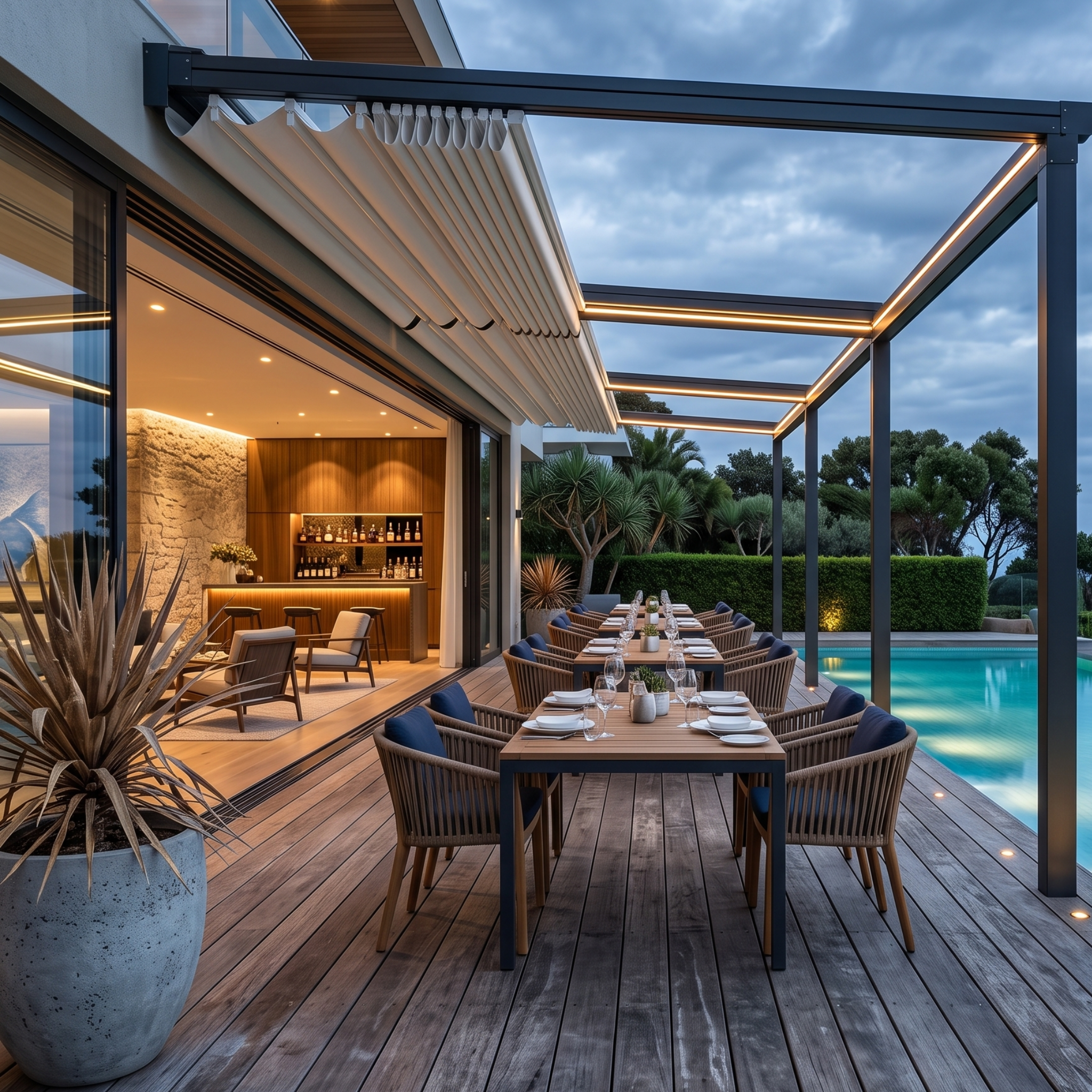 Pérgola con lona retráctil de aluminio y madera para terrazas grandes en Granada